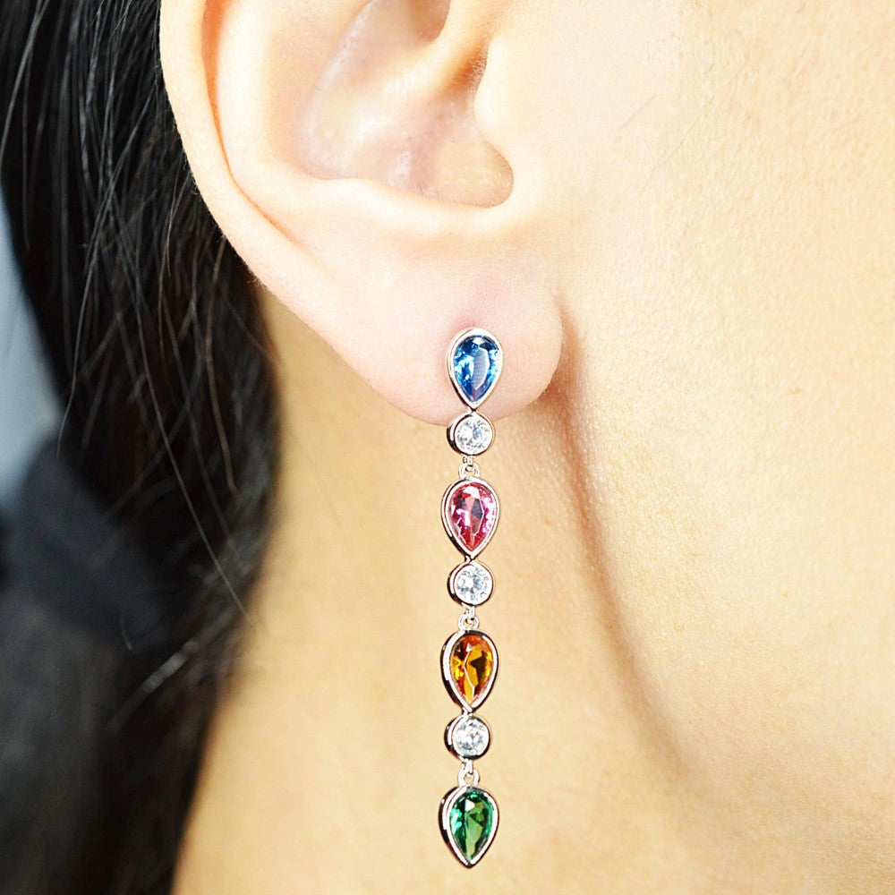 925 Sterling Silver Earrings Platinum Plated Pear Shape Long