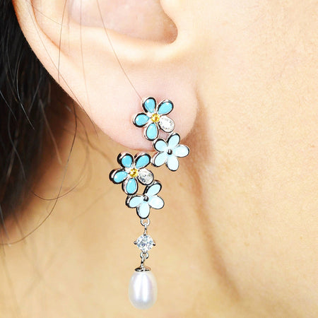 925 Sterling Silver Fresh Water Pearl Flower Dangling Earrings Platinum Plated w/ Baby Blue Nano Gem Cubic Zirconia by Mc9vn |Gift for Her|