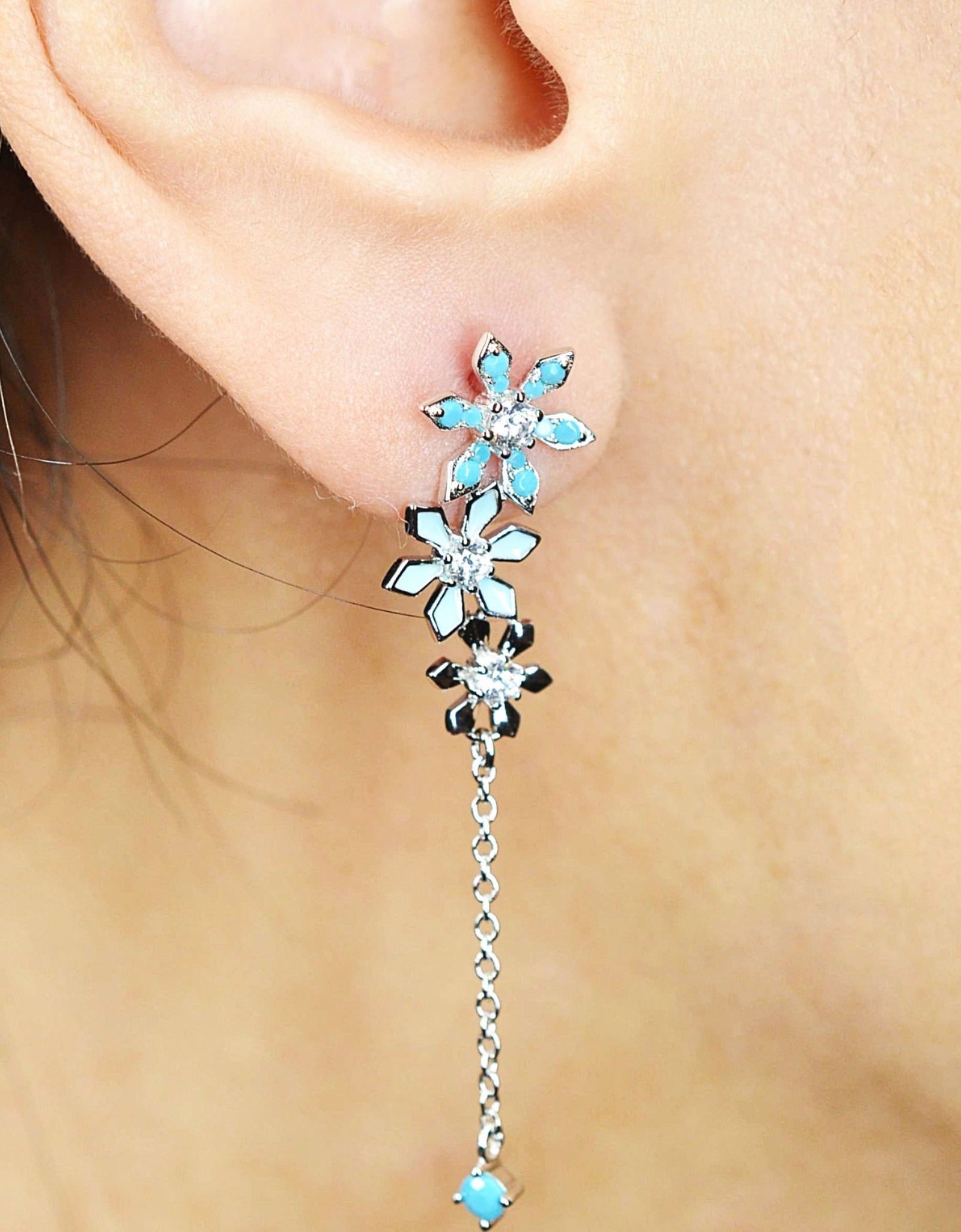 925 Sterling Silver Platinum Plated Snow Flake Flower Earrings with Baby Blue Nano Gem Cubic Zirconia by Mc9vn | Gift for Her | Ship from US