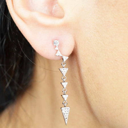 925 Sterling Silver Platinum & Rhodium Plated Long Dangling Triangles Earrings with Cubic Zirconia by Mc9vn | Gift for Her | Ship from US |