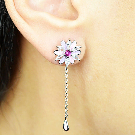 Platinum & Rhodium Plated Pink and Purple Enamel Flower 925 Sterling Silver Earrings w/ Cubic Zirconia and Corundum by Mc9vn |Gift for Her|