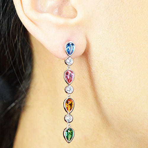 925 Sterling Silver Earrings Platinum Plated Pear Shape Long Dangling Blue Red Yellow Green Nano Gem Cubic Zirconia by Mc9vn |Gift for Her|