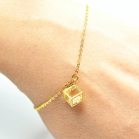 14K Yellow Gold Plated 925 Sterling Silver Open Cube Charm Adjustable Bracelet w/ Pink Cubic Zirconia by Mc9vn |Gift for Her | Ship from US|