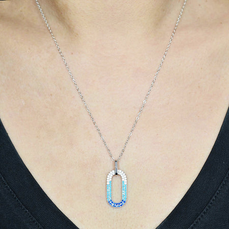 50cm Platinum Plated Blue Oval W/ CZ 925 Sterling Silver Pendant w/ Adjustable Chain Necklace by Mc9vn