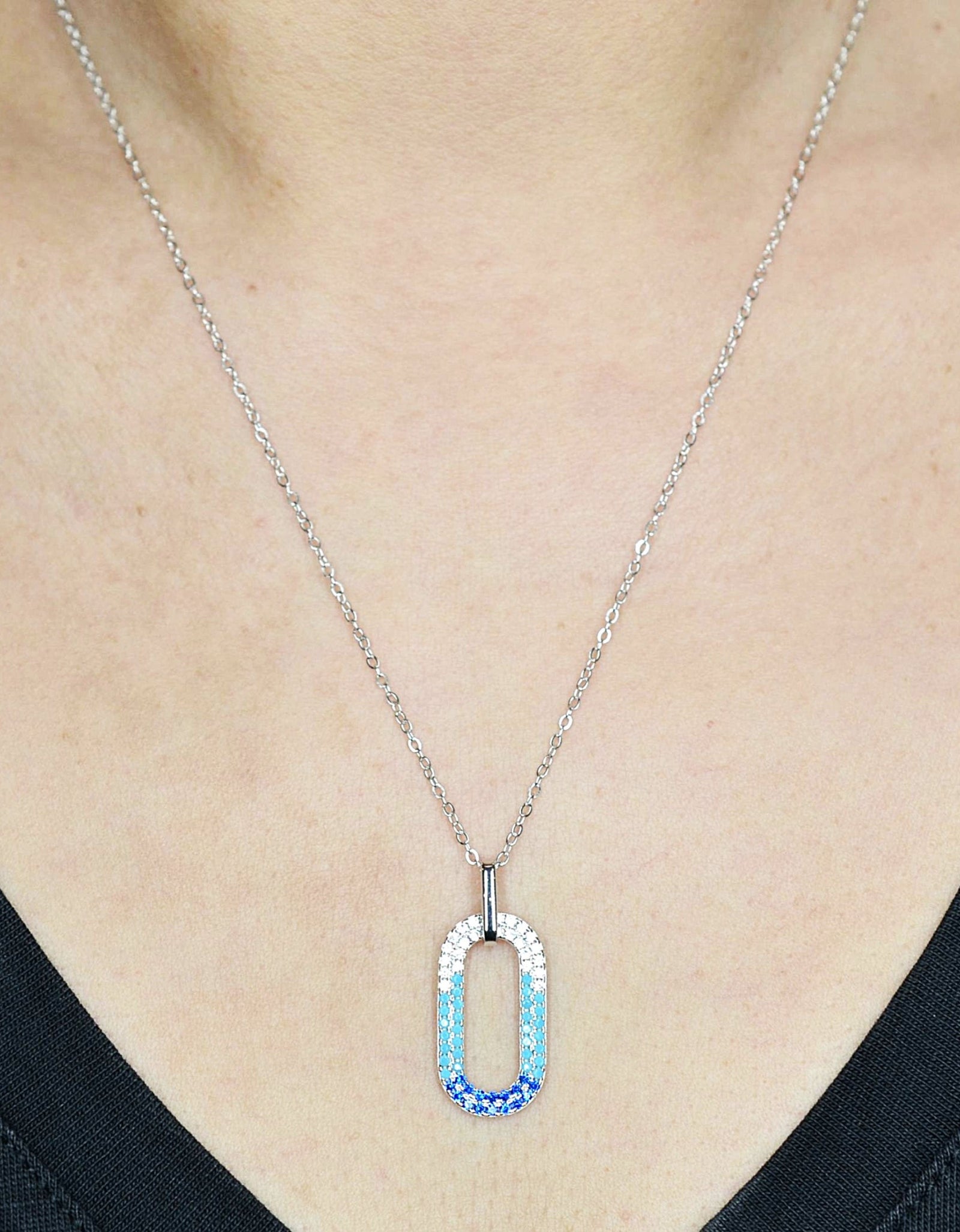 50cm Platinum Plated Blue Oval W/ CZ 925 Sterling Silver Pendant w/ Adjustable Chain Necklace by Mc9vn