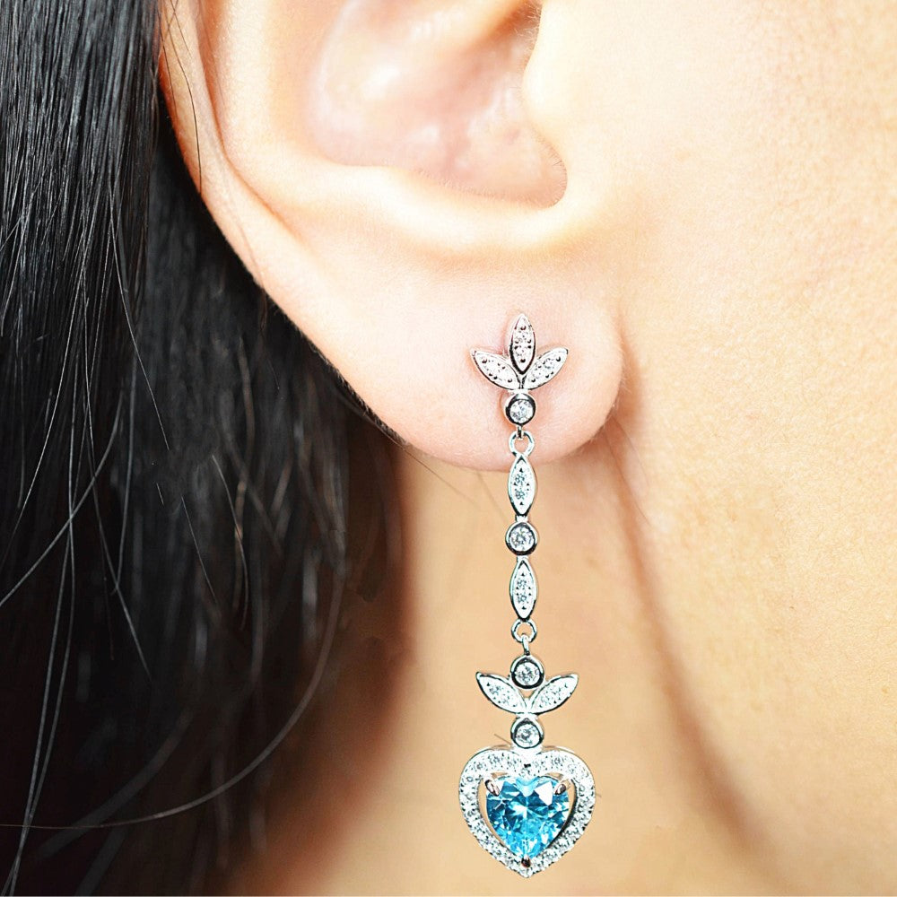 Heart Shaped 925 Sterling Silver Earrings Blue Cubic Zirconia Center Stone | Platinum Plated | by Mc9vn | Ship from US | Gift for Her |