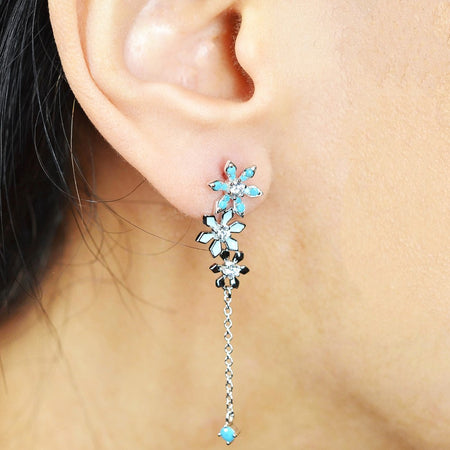 925 Sterling Silver Platinum Plated Snow Flake Flower Earrings with Baby Blue Nano Gem Cubic Zirconia by Mc9vn | Gift for Her | Ship from US