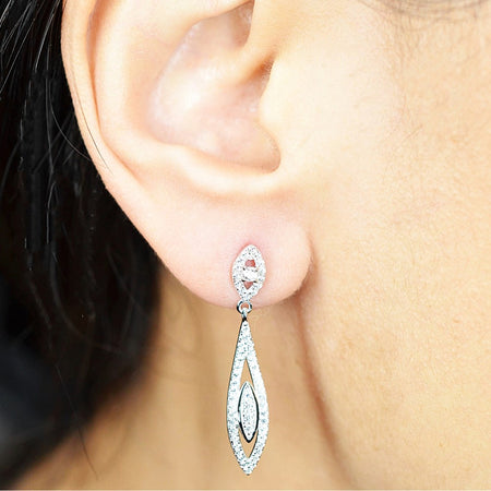 Marquise Motif Dangling 925 Sterling Silver Platinum & Rhodium Plated Earrings w/ Cubic Zirconia by Mc9vn | Gift for Her | Ship from US |