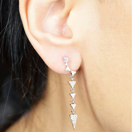 925 Sterling Silver Platinum & Rhodium Plated Long Dangling Triangles Earrings with Cubic Zirconia by Mc9vn | Gift for Her | Ship from US |