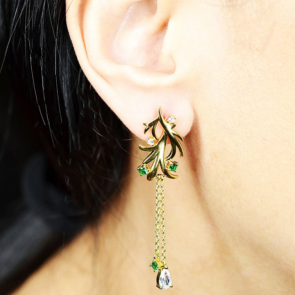 14K Yellow Gold Plated Dangling Leaf Design 925 Sterling Silver Earrings with Green Nano Gem Cubic Zirconia by Mc9vn | Gift for Her |