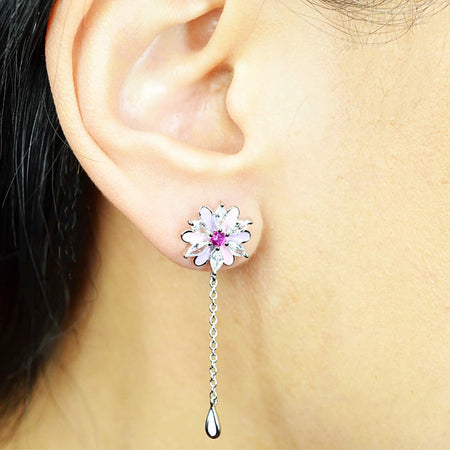 Platinum & Rhodium Plated Pink and Purple Enamel Flower 925 Sterling Silver Earrings w/ Cubic Zirconia and Corundum by Mc9vn |Gift for Her|