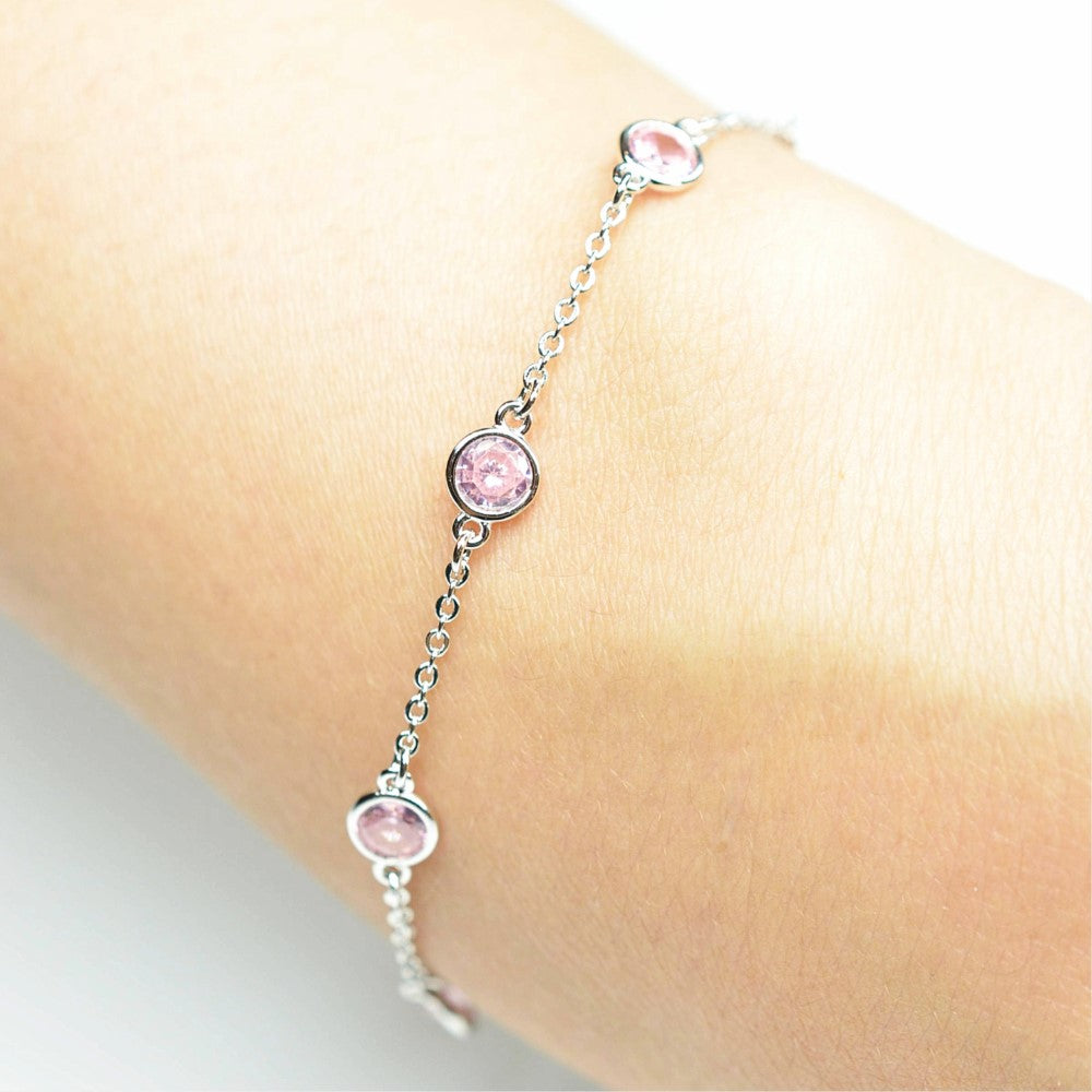 Platinum Plated 925 Sterling Silver Chain Bracelet with Color Cubic Zirconia