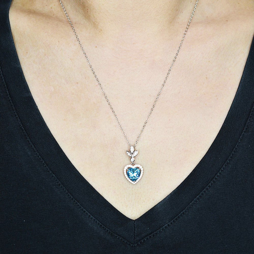 Heart Shaped 925 Sterling Silver Blue Cubic Zirconia Platinum Plated Pendant Adjustable Chain Necklace by Mc9vn | Gift for Her |