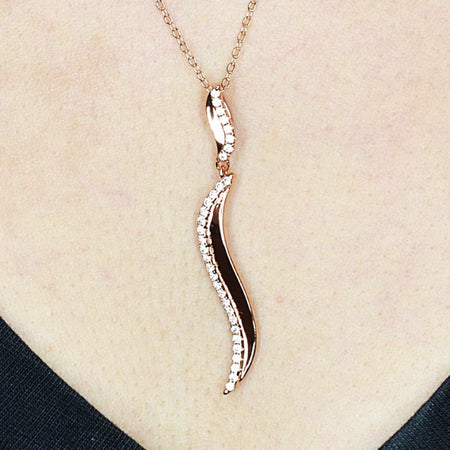 14K Rose Gold Plated Wavy 925 Sterling Silver Pendant Chain Necklace with Cubic Zirconia