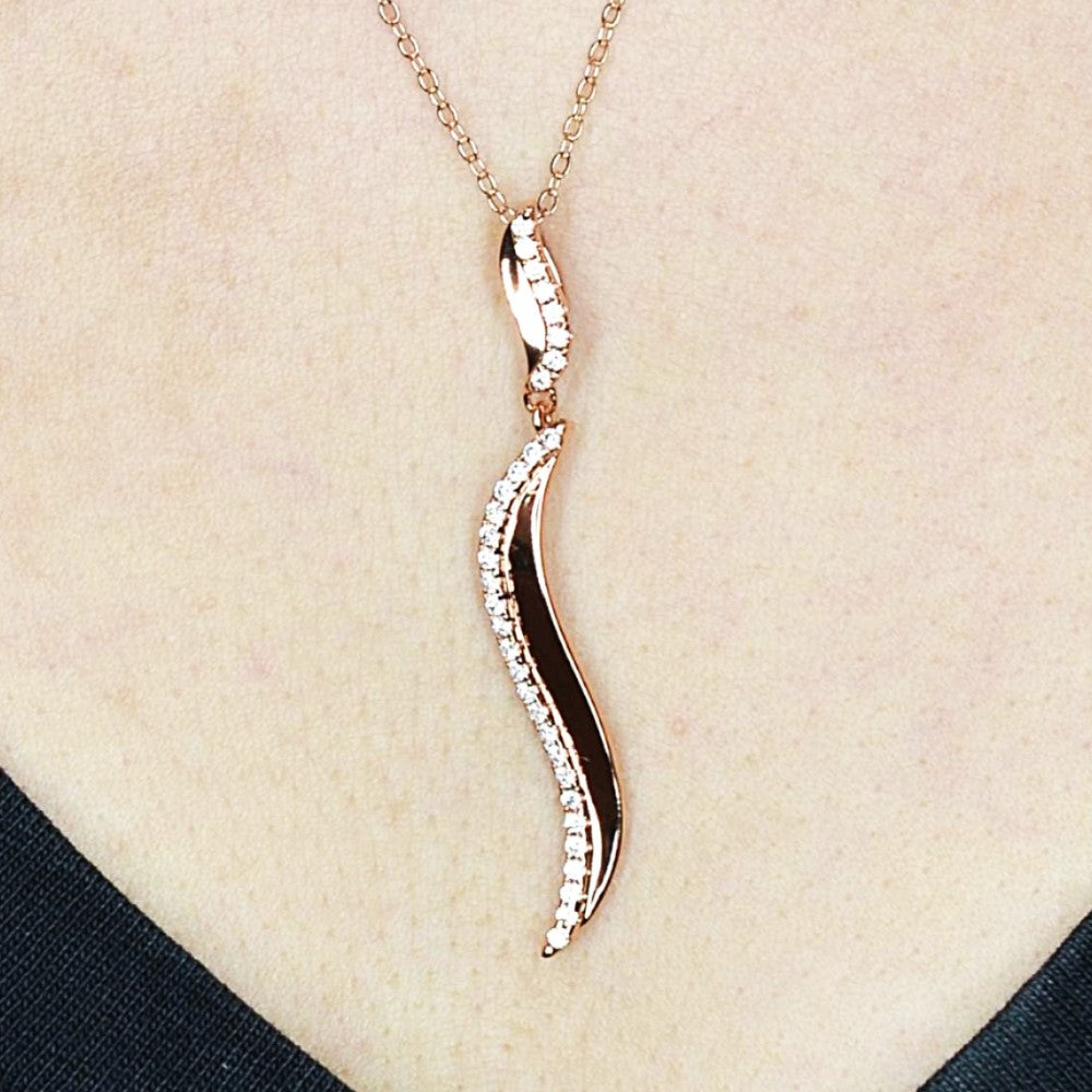 14K Rose Gold Plated Wavy 925 Sterling Silver Pendant Chain Necklace with Cubic Zirconia