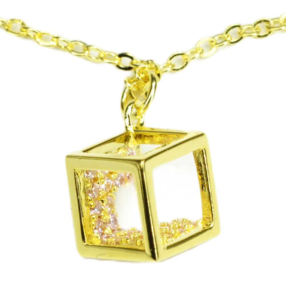 14K Yellow Gold Plated 925 Sterling Silver Open Cube Charm Adjustable Bracelet w/ Pink Cubic Zirconia by Mc9vn |Gift for Her | Ship from US|