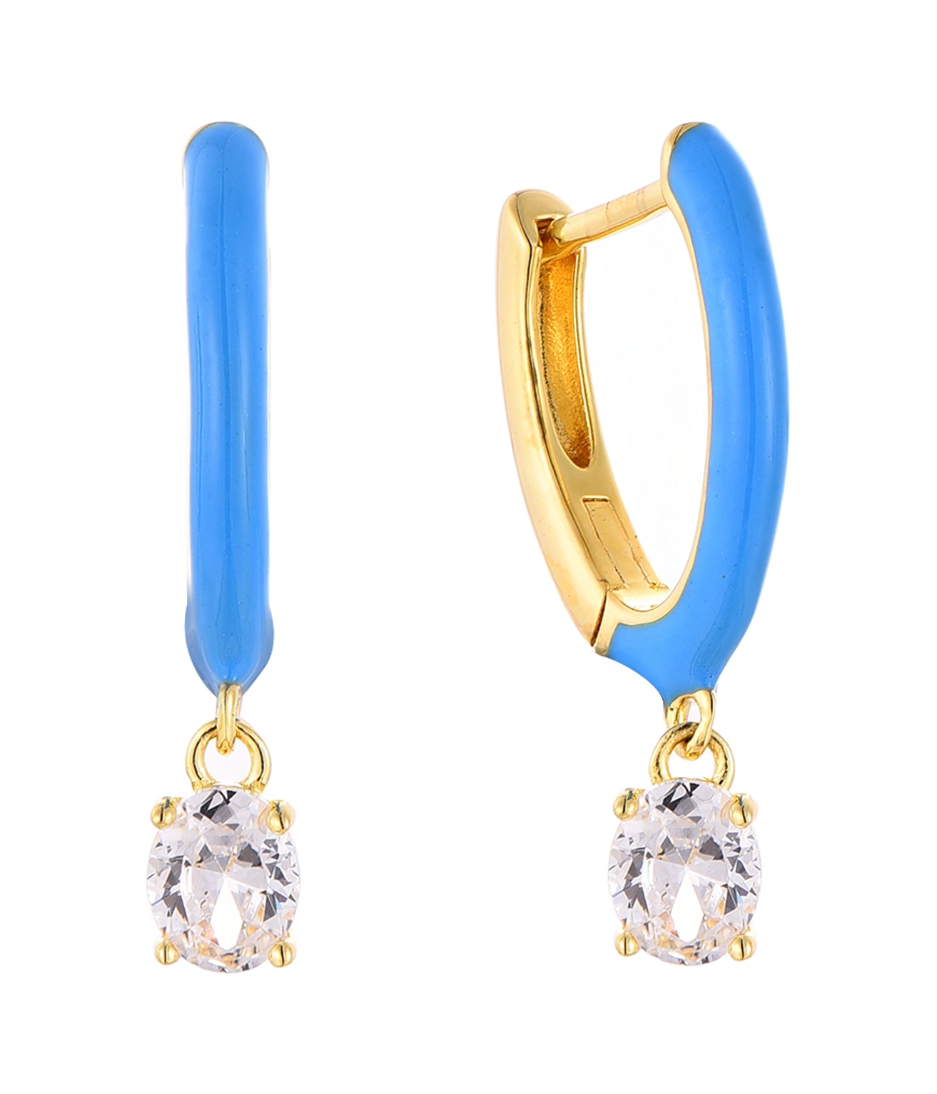 14K Gold Plated Blue Pink Yellow Enamel Dangling 925 Sterling Silver Hoop Cubic Zirconia Earrings