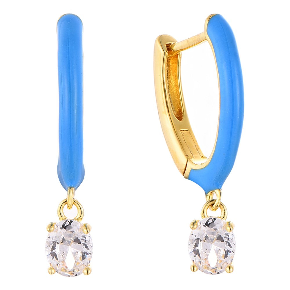 14K Gold Plated Blue Pink Yellow Enamel Dangling 925 Sterling Silver Hoop Cubic Zirconia Earrings