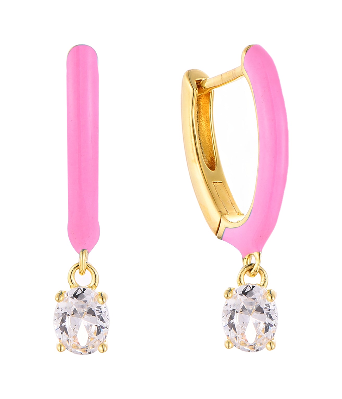 14K Gold Plated Blue Pink Yellow Enamel Dangling 925 Sterling Silver Hoop Cubic Zirconia Earrings