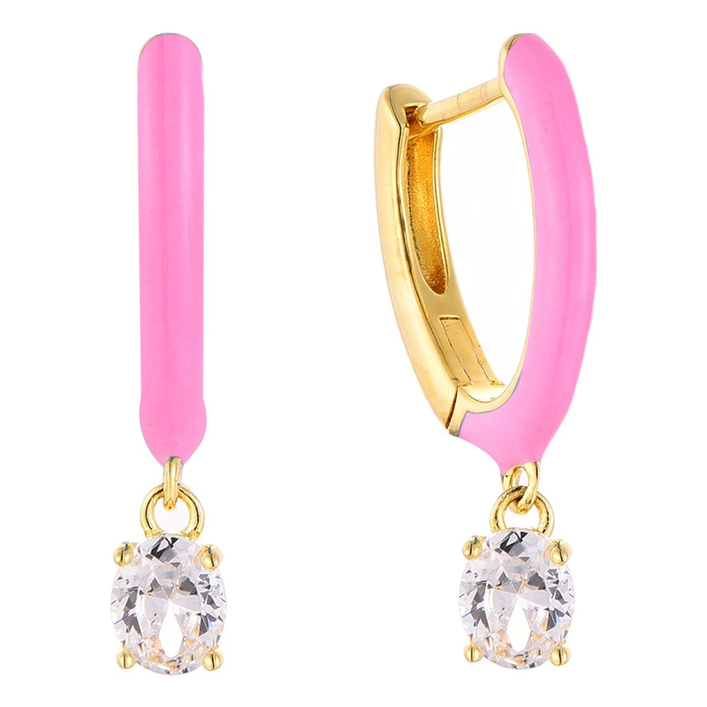 14K Gold Plated Blue Pink Yellow Enamel Dangling 925 Sterling Silver Hoop Cubic Zirconia Earrings