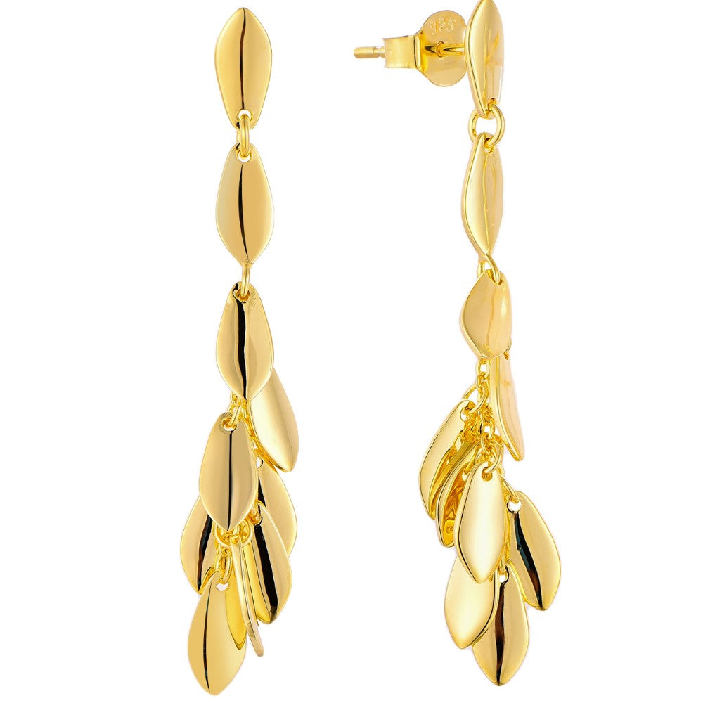 14K Gold Plated Dangling Chandelier Leaf Motif 925 Sterling Silver Earrings