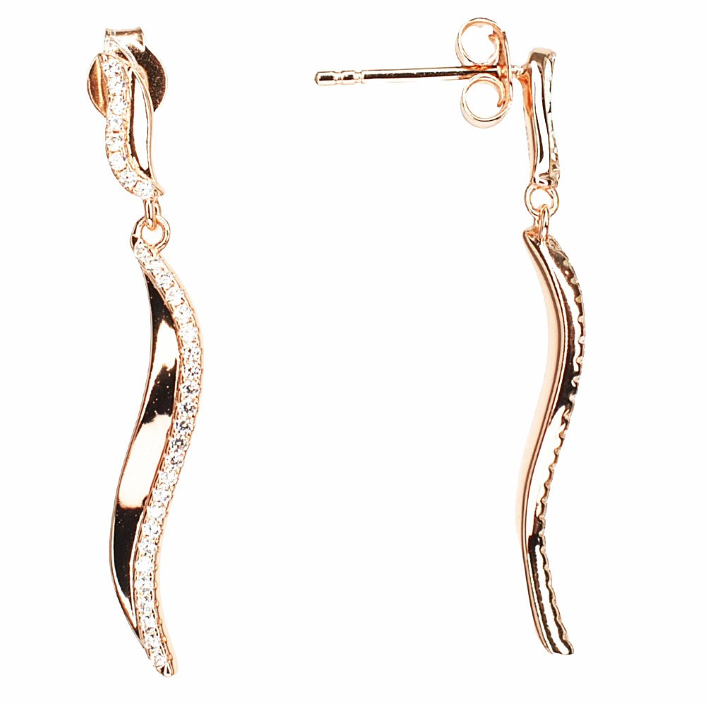 14K Rose Gold Plated Wavy 925 Sterling Silver Earrings with Cubic Zirconia