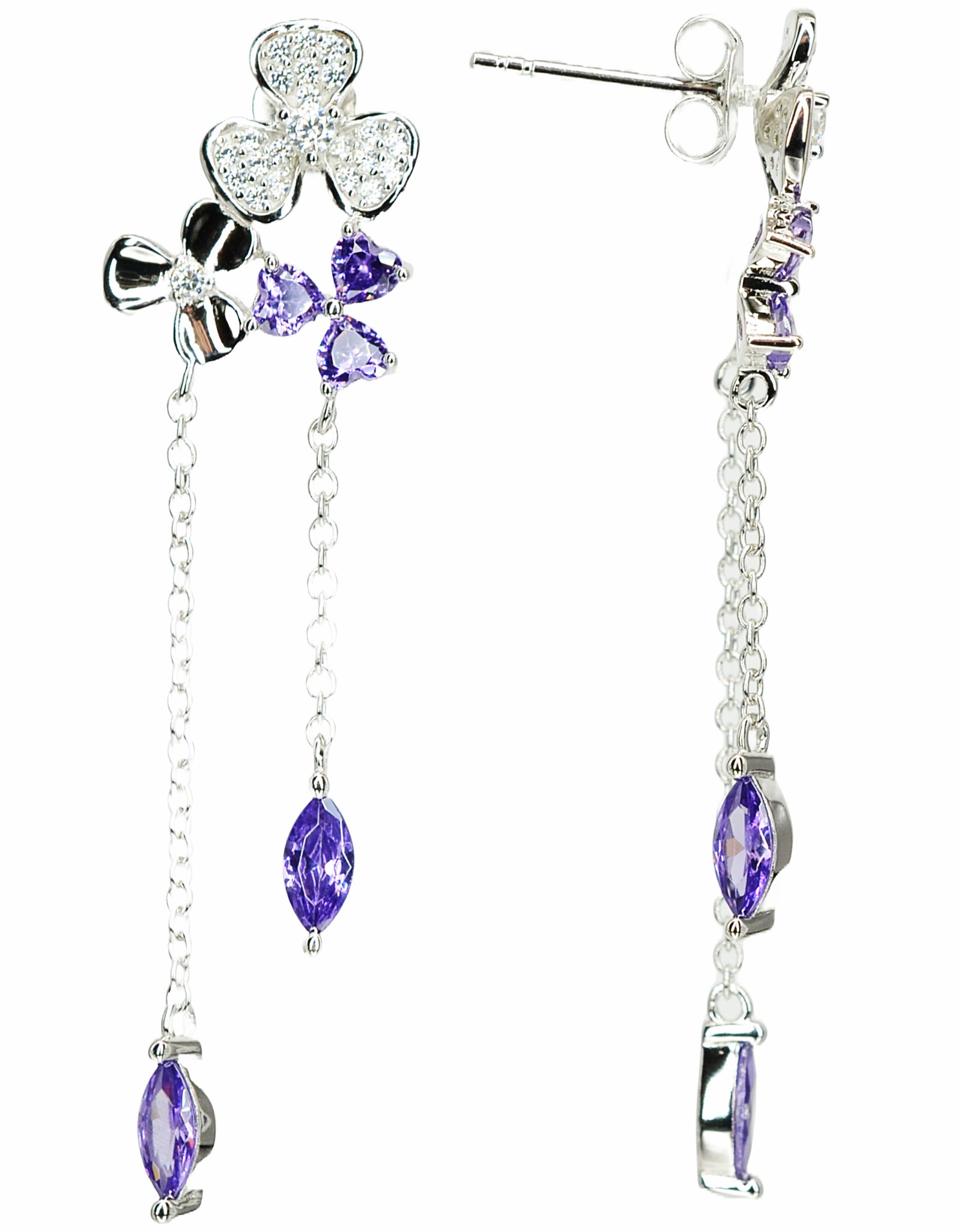 Platinum Rhodium Plated Purple Clover Dangling Design 925 Sterling Silver Earrings with Cubic Zirconia by Mc9vn | Gift for Her |