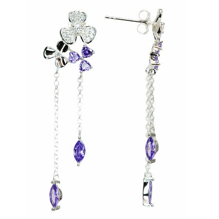 Platinum Rhodium Plated Purple Clover Dangling Design 925 Sterling Silver Earrings with Cubic Zirconia by Mc9vn | Gift for Her |