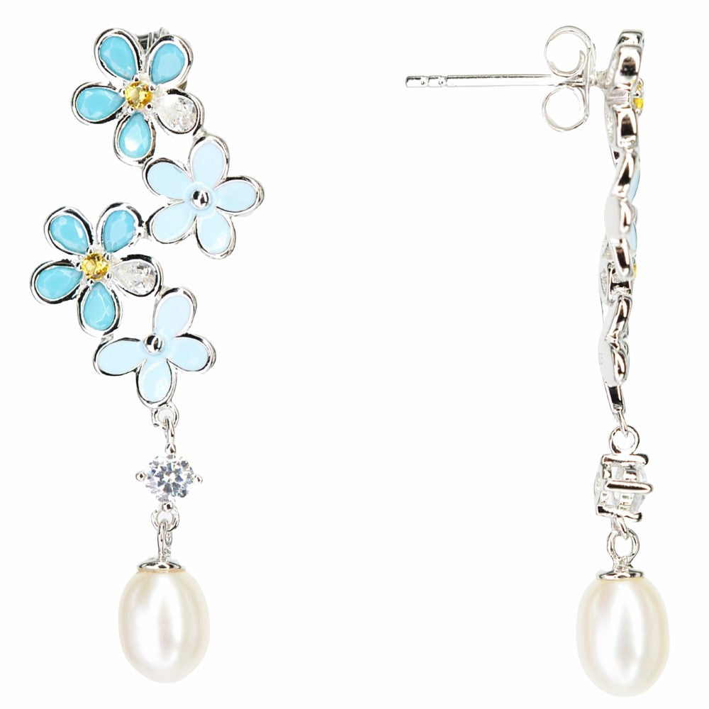 925 Sterling Silver Fresh Water Pearl Flower Dangling Earrings Platinum Plated w/ Baby Blue Nano Gem Cubic Zirconia by Mc9vn |Gift for Her|