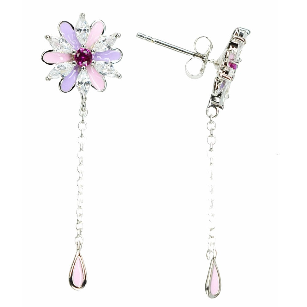 Platinum & Rhodium Plated Pink and Purple Enamel Flower 925 Sterling Silver Earrings w/ Cubic Zirconia and Corundum by Mc9vn |Gift for Her|