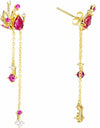 14K Yellow Gold Plated Floral Long Chain Dangling 925 Sterling Silver Earrings w/ Cubic Zirconia Red Corundum by Mc9vn | Gift for Her |