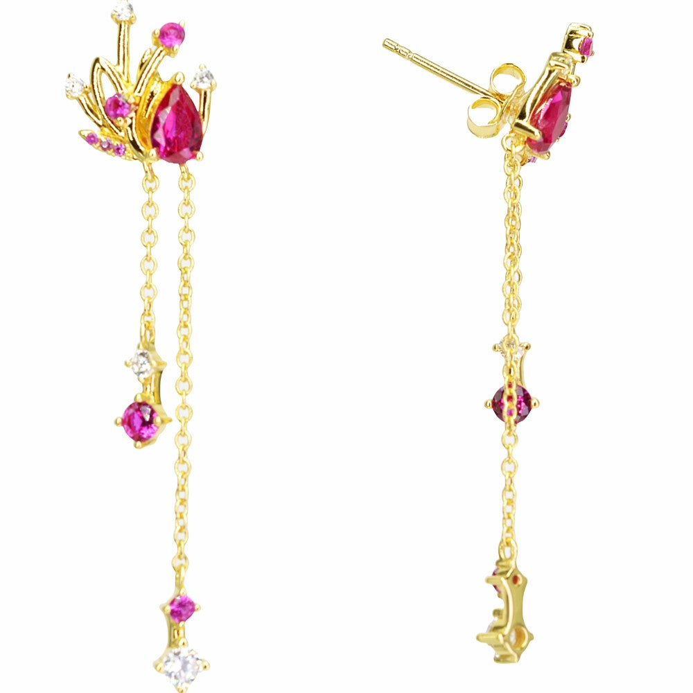 14K Yellow Gold Plated Floral Long Chain Dangling 925 Sterling Silver Earrings w/ Cubic Zirconia Red Corundum by Mc9vn | Gift for Her |