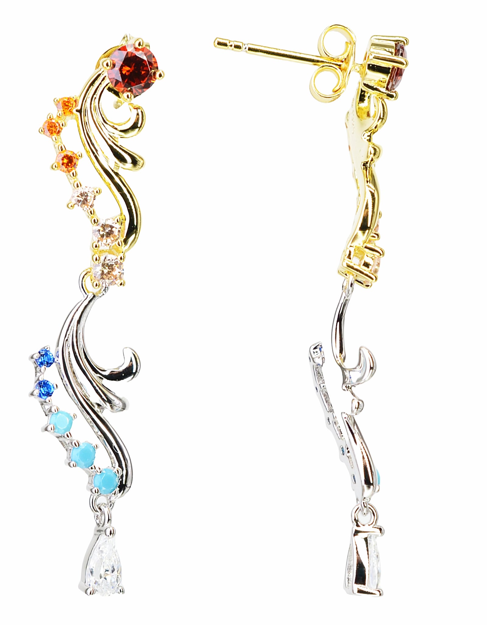 925 Sterling Silver Two Tone Dangling Earrings Platinum and 14K Yellow Gold Plated with Cubic Zirconia Nano Gem by Mc9vn | Gift for Her |