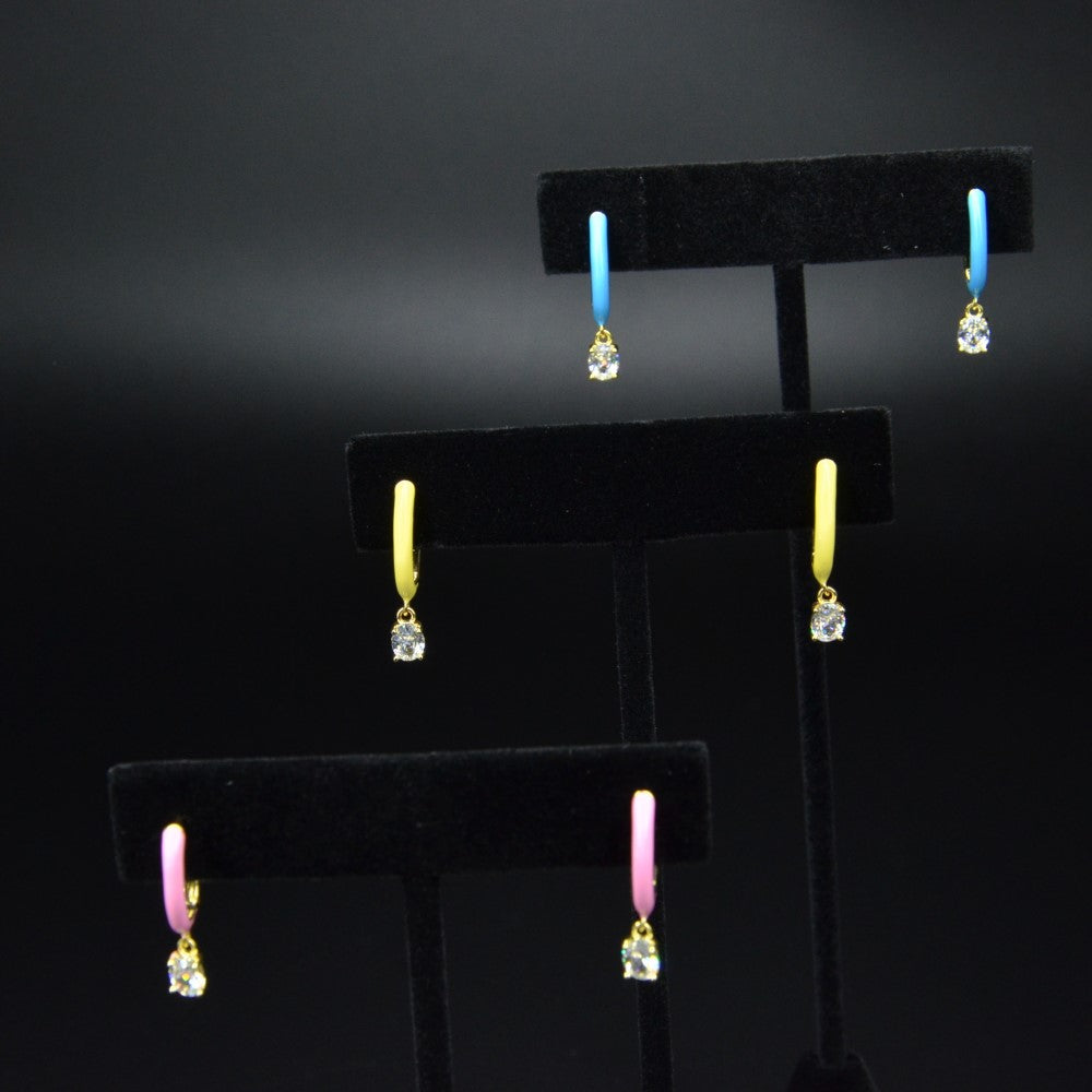 14K Gold Plated Blue Pink Yellow Enamel Dangling 925 Sterling Silver Hoop Cubic Zirconia Earrings