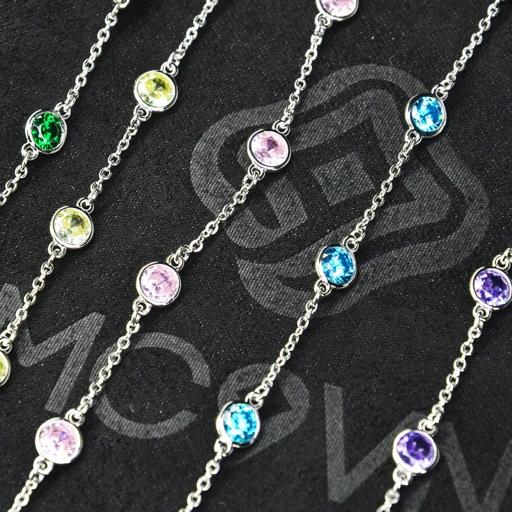 Platinum Plated 925 Sterling Silver Chain Bracelet with Color Cubic Zirconia