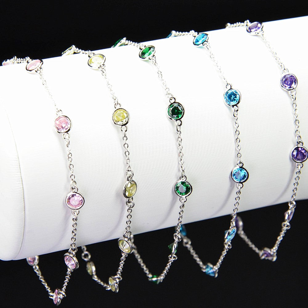 Platinum Plated 925 Sterling Silver Chain Bracelet with Color Cubic Zirconia