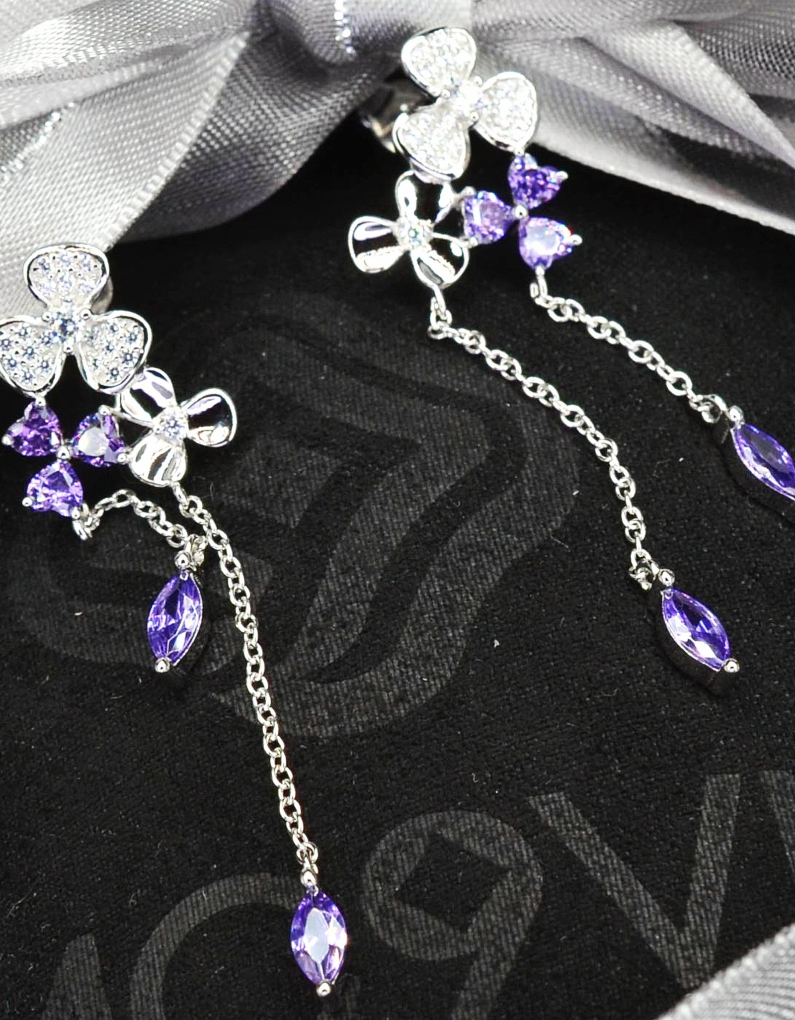 Platinum Rhodium Plated Purple Clover Dangling Design 925 Sterling Silver Earrings with Cubic Zirconia by Mc9vn | Gift for Her |