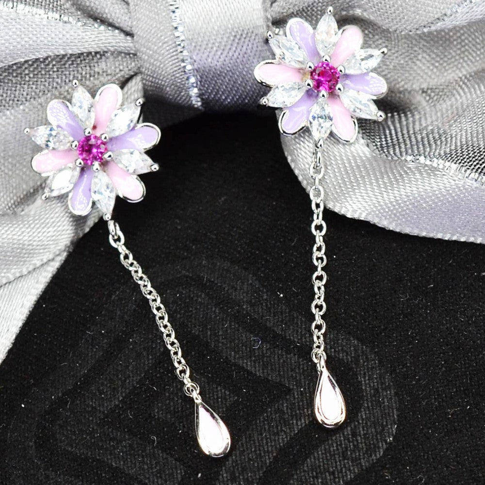 Platinum & Rhodium Plated Pink and Purple Enamel Flower 925 Sterling Silver Earrings w/ Cubic Zirconia and Corundum by Mc9vn |Gift for Her|