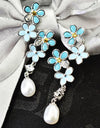 925 Sterling Silver Fresh Water Pearl Flower Dangling Earrings Platinum Plated w/ Baby Blue Nano Gem Cubic Zirconia by Mc9vn |Gift for Her|