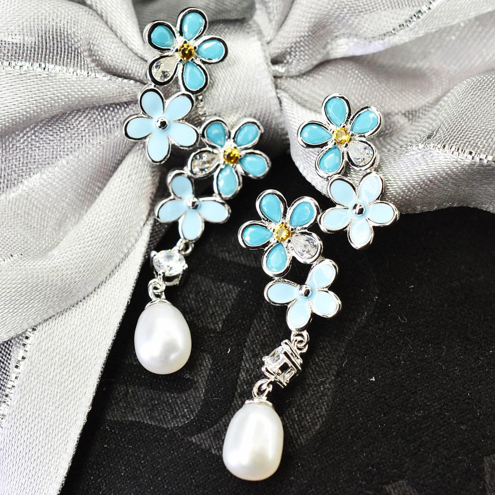 925 Sterling Silver Fresh Water Pearl Flower Dangling Earrings Platinum Plated w/ Baby Blue Nano Gem Cubic Zirconia by Mc9vn |Gift for Her|