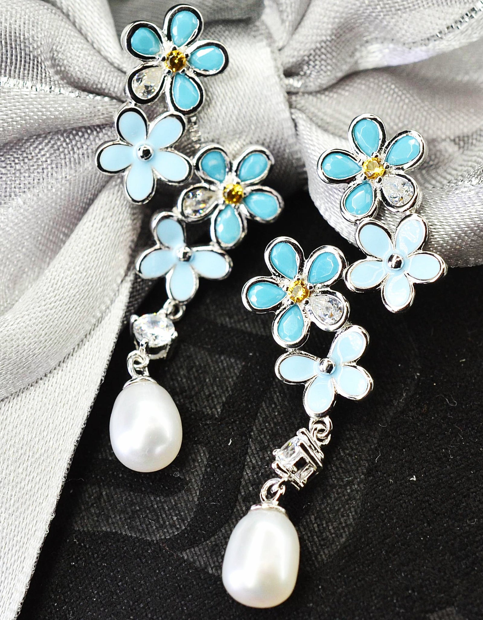 925 Sterling Silver Fresh Water Pearl Flower Dangling Earrings Platinum Plated w/ Baby Blue Nano Gem Cubic Zirconia by Mc9vn |Gift for Her|