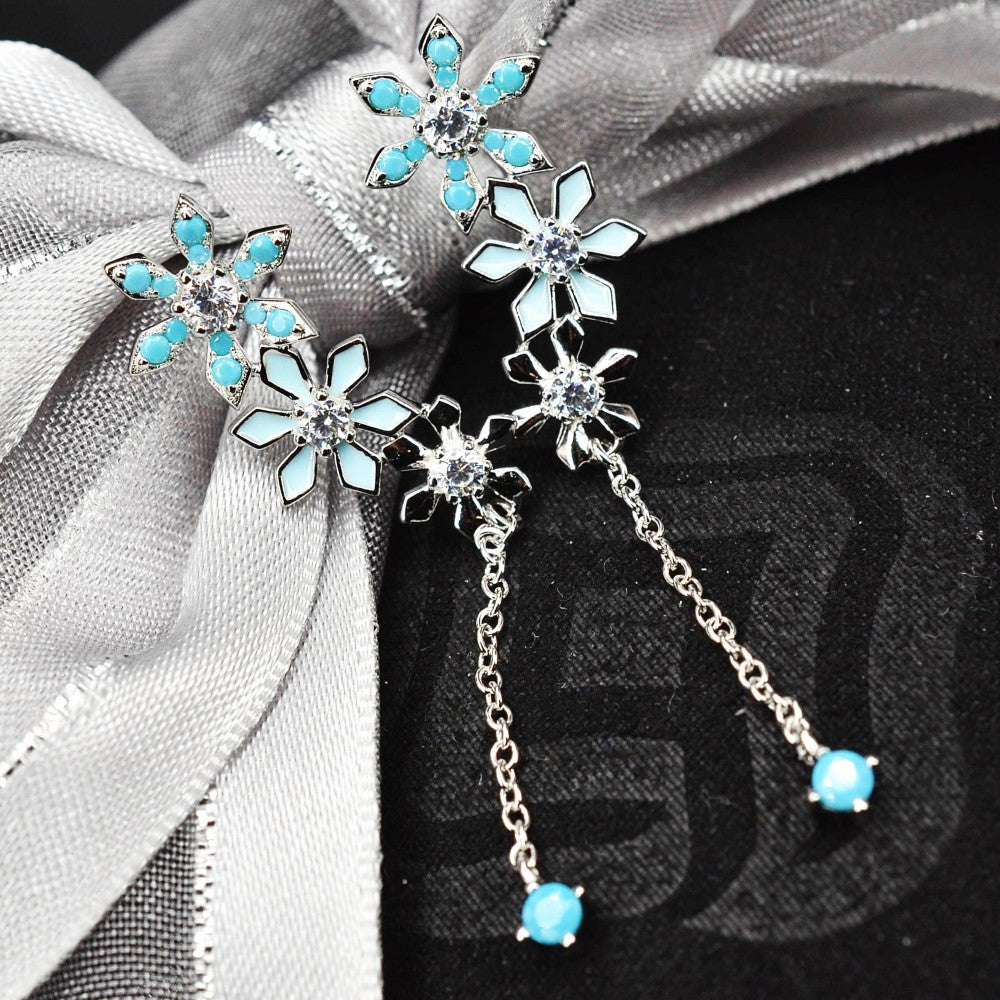 925 Sterling Silver Platinum Plated Snow Flake Flower Earrings with Baby Blue Nano Gem Cubic Zirconia by Mc9vn | Gift for Her | Ship from US