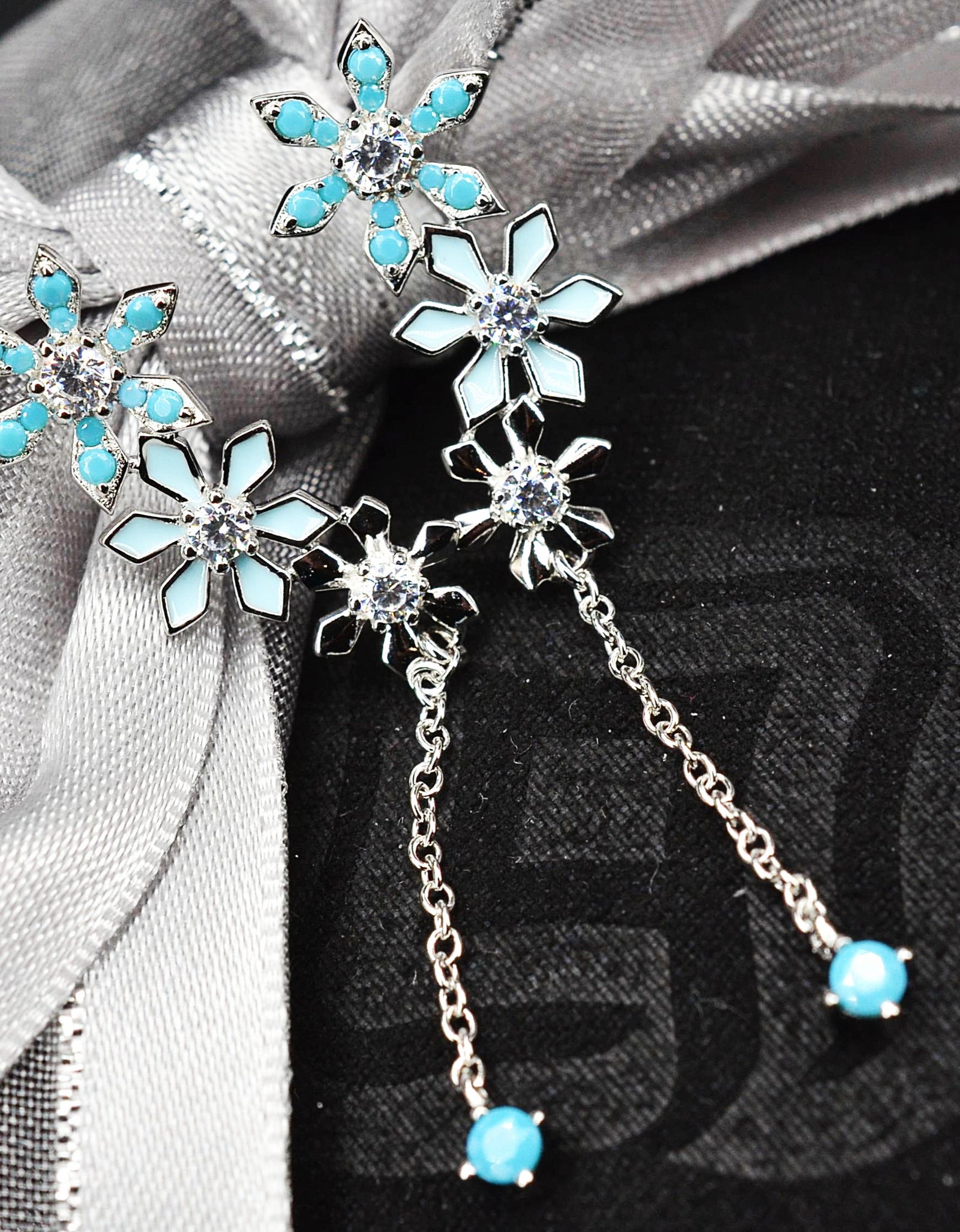 925 Sterling Silver Platinum Plated Snow Flake Flower Earrings with Baby Blue Nano Gem Cubic Zirconia by Mc9vn | Gift for Her | Ship from US