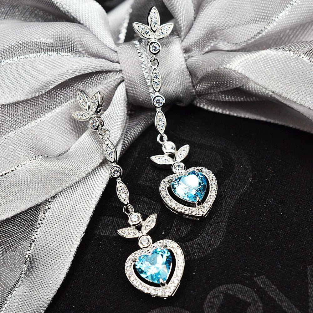 Heart Shaped 925 Sterling Silver Earrings Blue Cubic Zirconia Center Stone | Platinum Plated | by Mc9vn | Ship from US | Gift for Her |