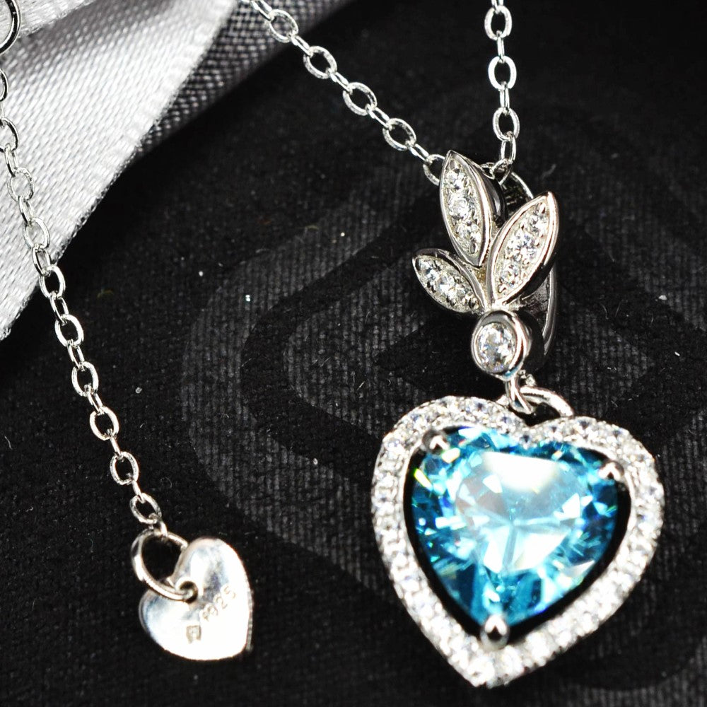 Heart Shaped 925 Sterling Silver Blue Cubic Zirconia Platinum Plated Pendant Adjustable Chain Necklace by Mc9vn | Gift for Her |