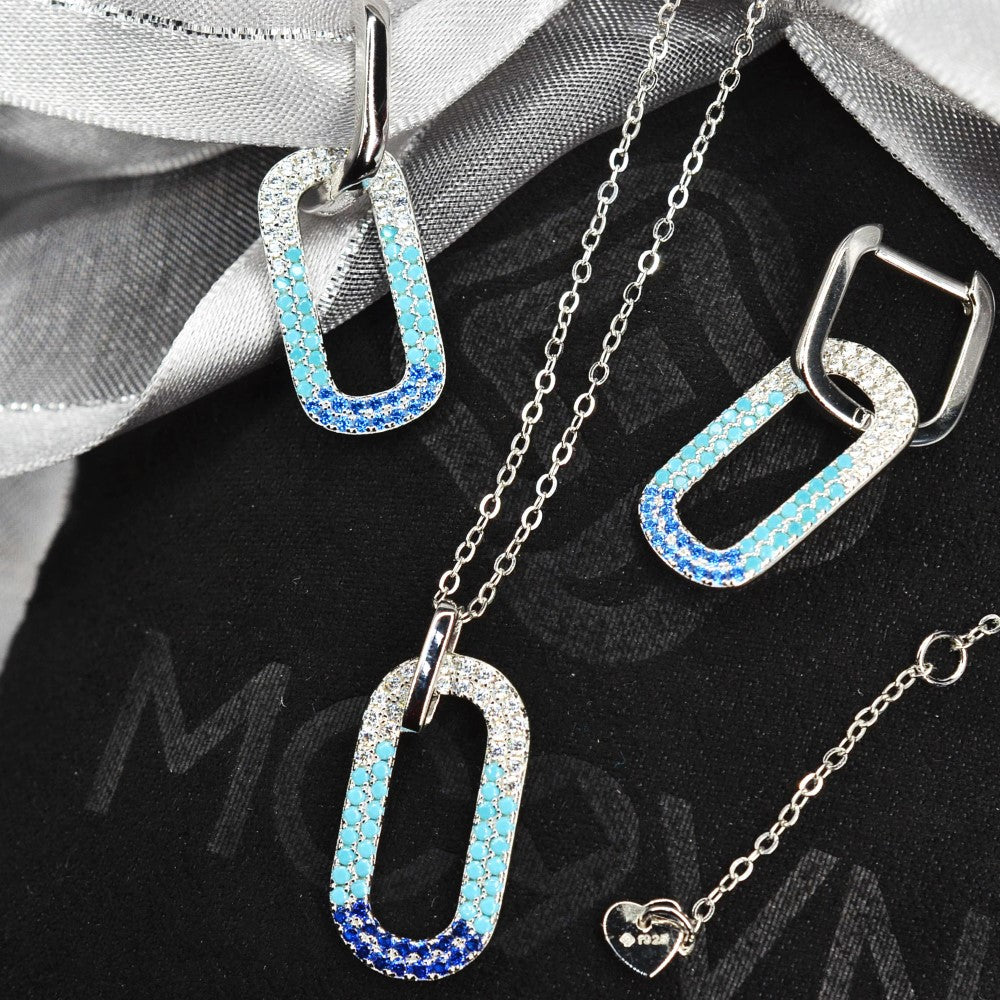 50cm Platinum Plated Blue Oval W/ CZ 925 Sterling Silver Pendant w/ Adjustable Chain Necklace by Mc9vn