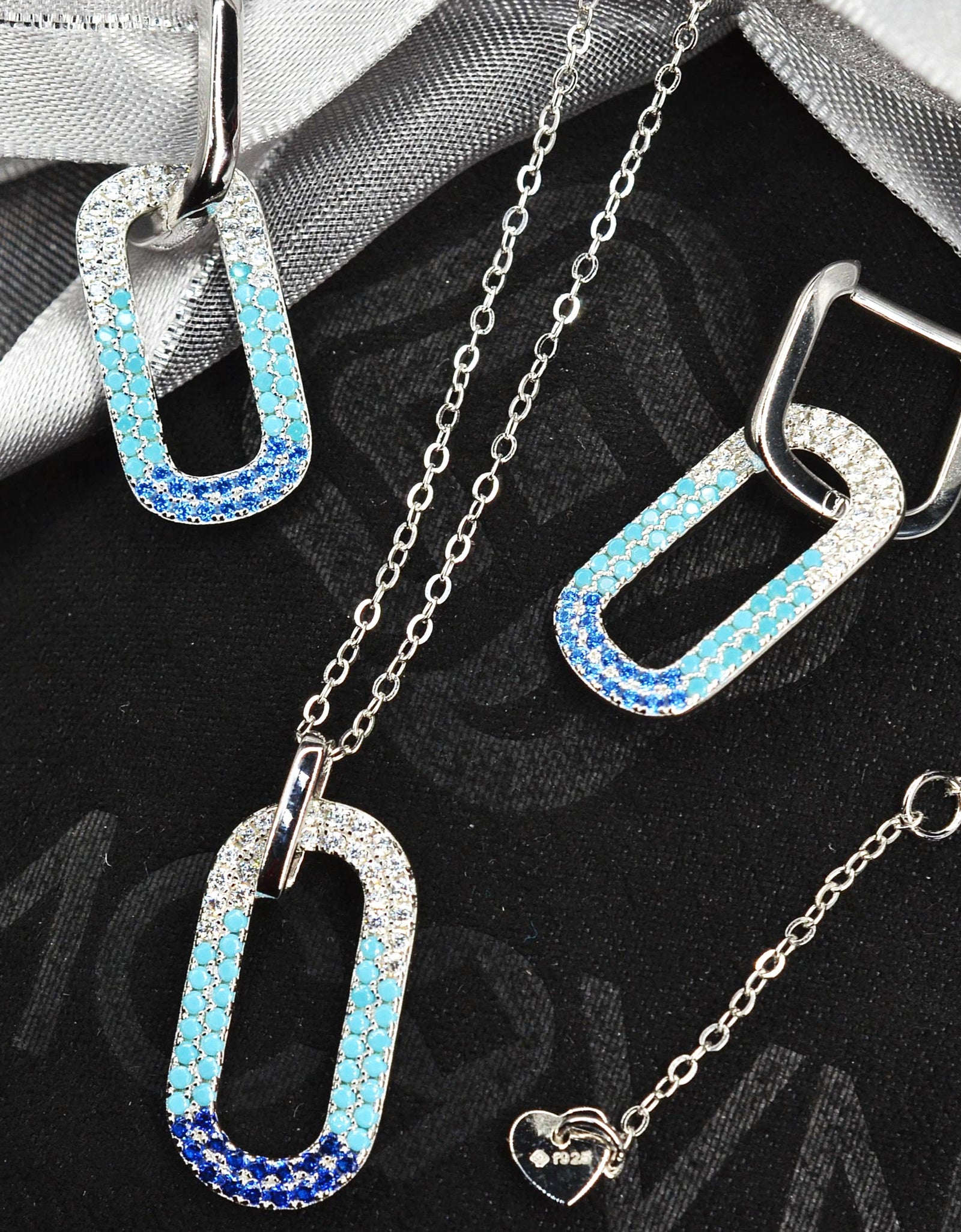 50cm Platinum Plated Blue Oval W/ CZ 925 Sterling Silver Pendant w/ Adjustable Chain Necklace by Mc9vn