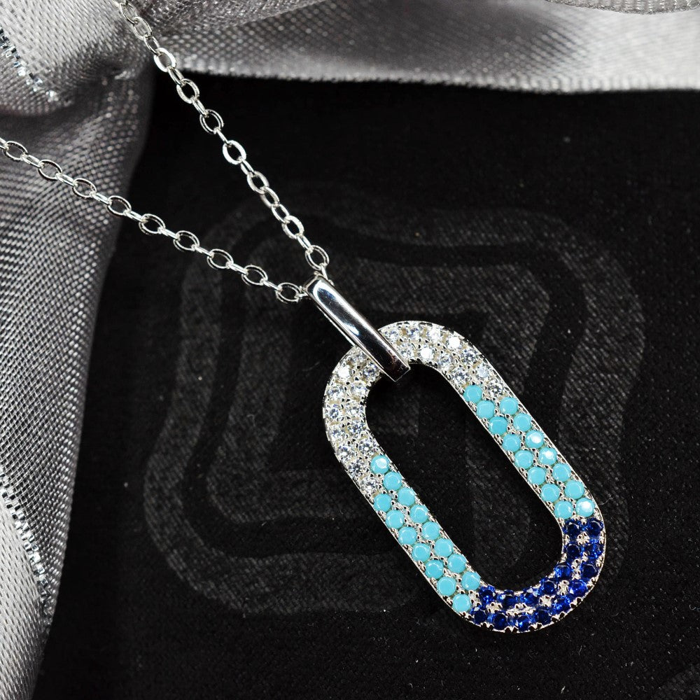 50cm Platinum Plated Blue Oval W/ CZ 925 Sterling Silver Pendant w/ Adjustable Chain Necklace by Mc9vn