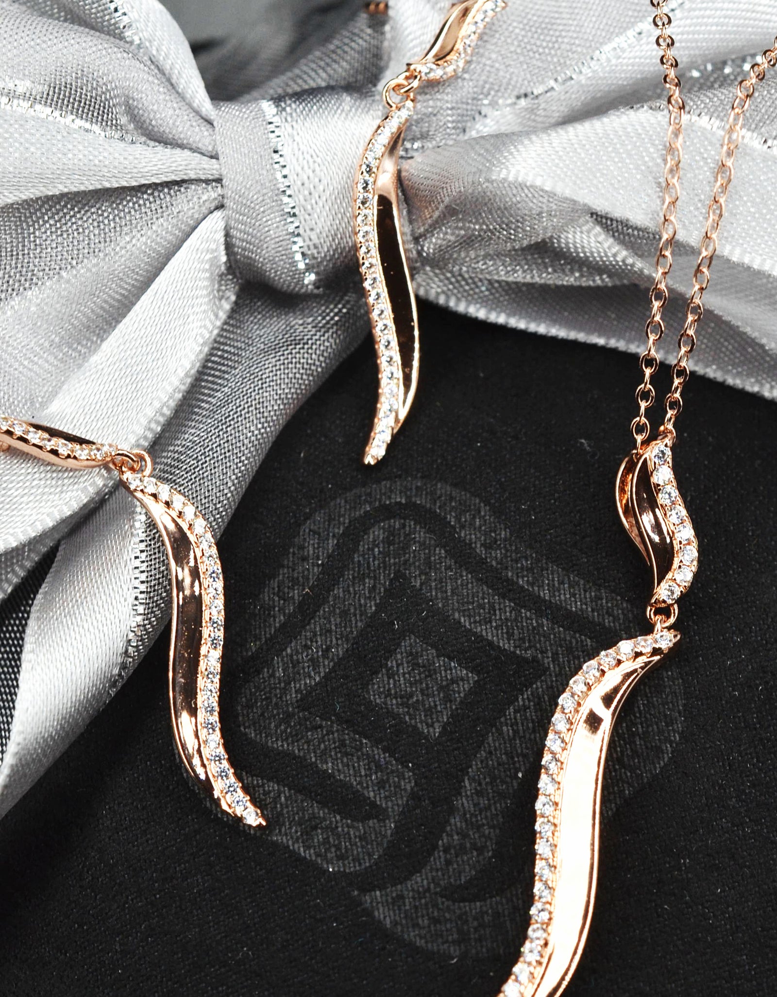 14K Rose Gold Plated Wavy 925 Sterling Silver Pendant Chain Necklace with Cubic Zirconia