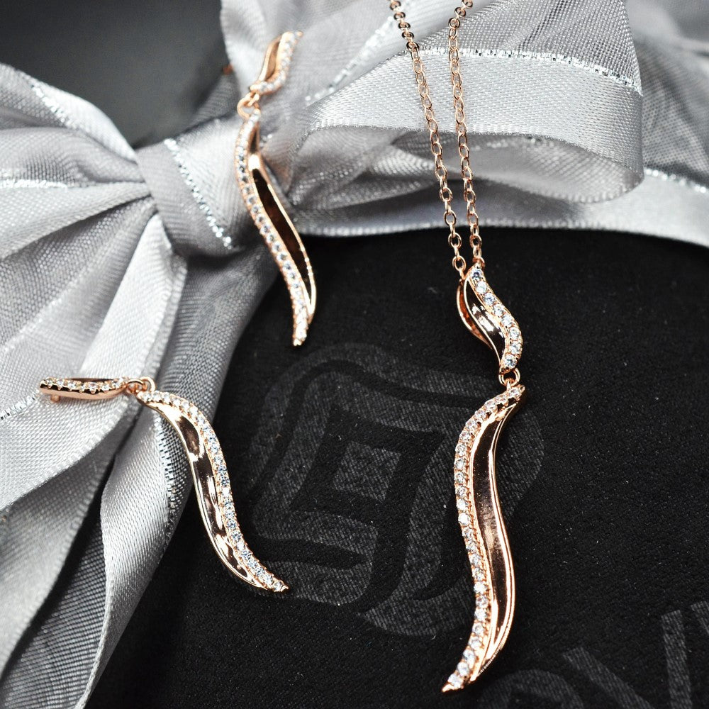 14K Rose Gold Plated Wavy 925 Sterling Silver Pendant Chain Necklace with Cubic Zirconia